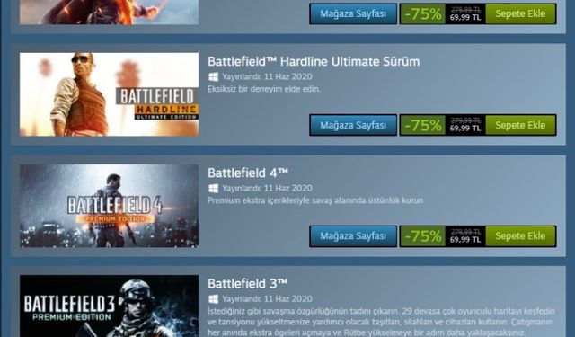 Steam'de Battlefield oyunlarına yüzde 75'e varan indirim!