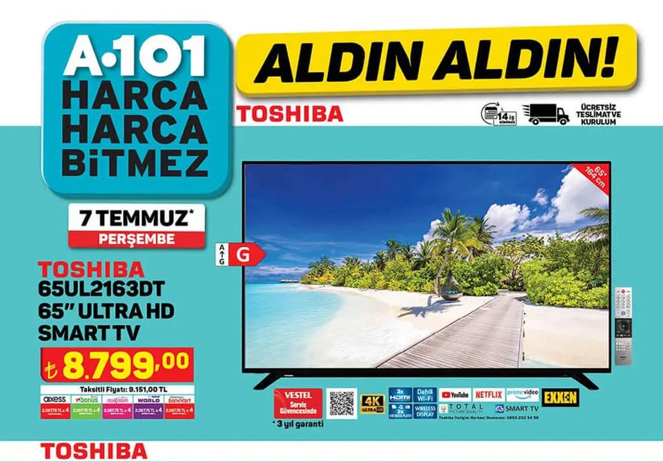 Toshiba 65UL2163DT ULTRA HD SMART TV
Fiyatı: 8.799 TL
- 65 inç Ultra HD Smart TV- 4K çözünürlük- 3 adet HDMI girişi- Dahili Wi-Fi- Wireless Display- Vestel 3 yıl garanti- Exxen, Netflix, Prime Video, YouTube